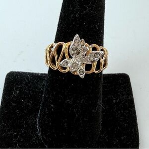 Butterfly Motif Ring 18KT HGE White Rhinestones  Open Design Size 8